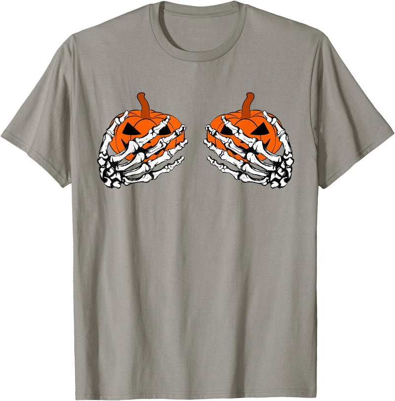 Fun Skeleton Pumpkin Boobies Halloween Costume Illustration T-Shirt - Slate Grey
