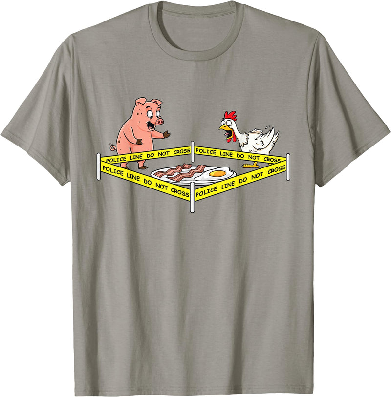 Mr Ben Thanksgiving Police Line Do Not Cross Pig and Chicken Funny Food T-Shirt - Slate Grey