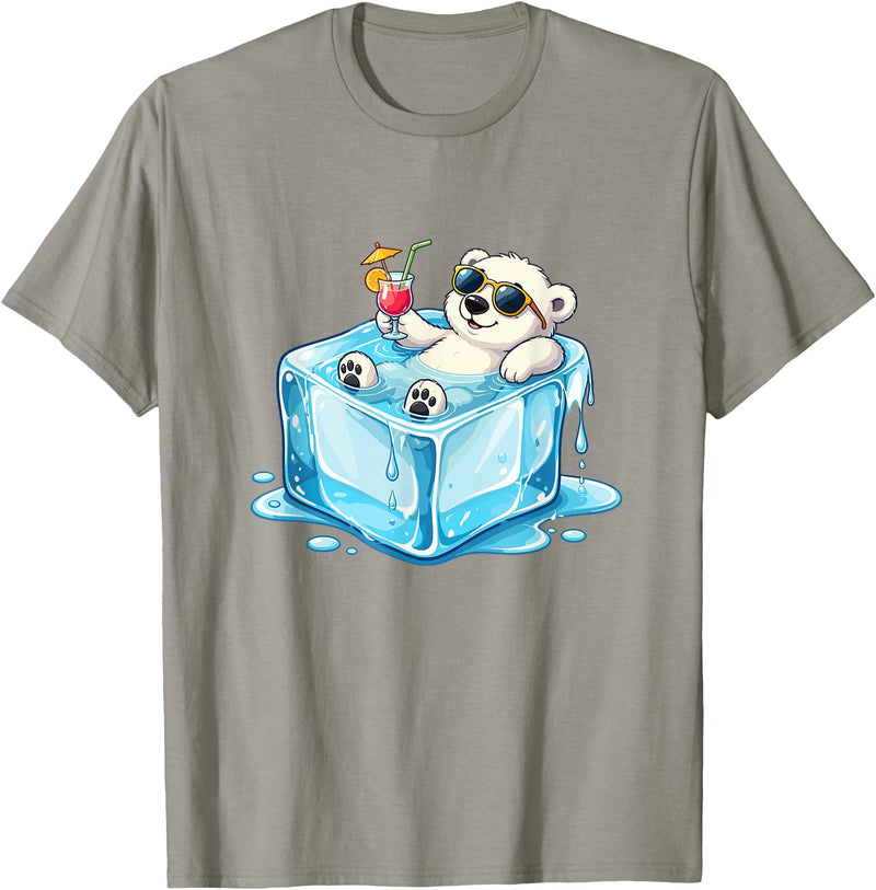 Cool Polar Bear Summer Vibes Chill Ice Cube Lazy Polar Bear in Ice Cube Tropical Cocktail T-Shirt - Slate Grey