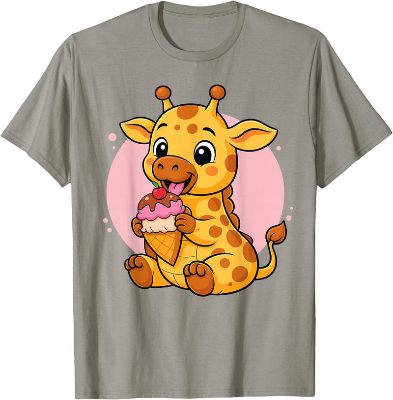 Funny Cute Giraffe Ice Cream Kawaii Design Giraffe Eating Ice Cream Graphic Boys Girls Giraffe Lover T-Shirt - Slate Grey