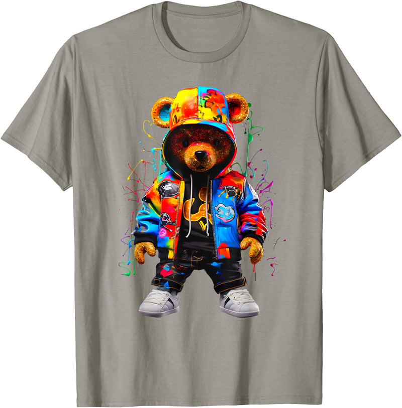 Hip-Hop Teddy-Bear Aesthetic Urban StreetWear Co. Hip-Hop Teddy-Bear Colorful Teddybear with Hoodie Graphic T-Shirt - Slate Grey