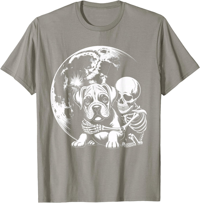 Cute Skeleton Boxer Dog Halloween Women Men Skeleton Hugging Dog Halloween Boxer Lover Mom Dad T-Shirt - Slate Grey