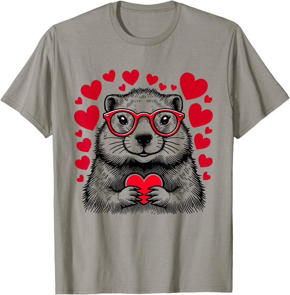 Groundhog Red Heart Shape Glasses Tees. Groundhog Red Heart Shape Valentine's Day Animal Lovers T-Shirt - Slate Grey
