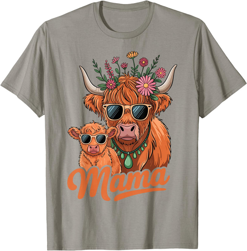 Scottish Farm Matching Mom Daughter Highland Cow Highland Cow Mama Mom Baby Calf Daughter Floral Mothers Day T-Shirt - Slate