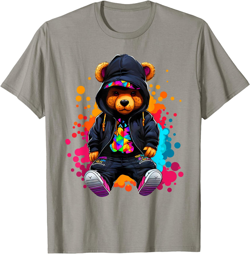 Hip Hop Teddy Bear Aesthetic Wear Co. Hip Hop Bear Colorful Teddy Bear With Hoodie Baseball Cap T-Shirt - Slate Grey