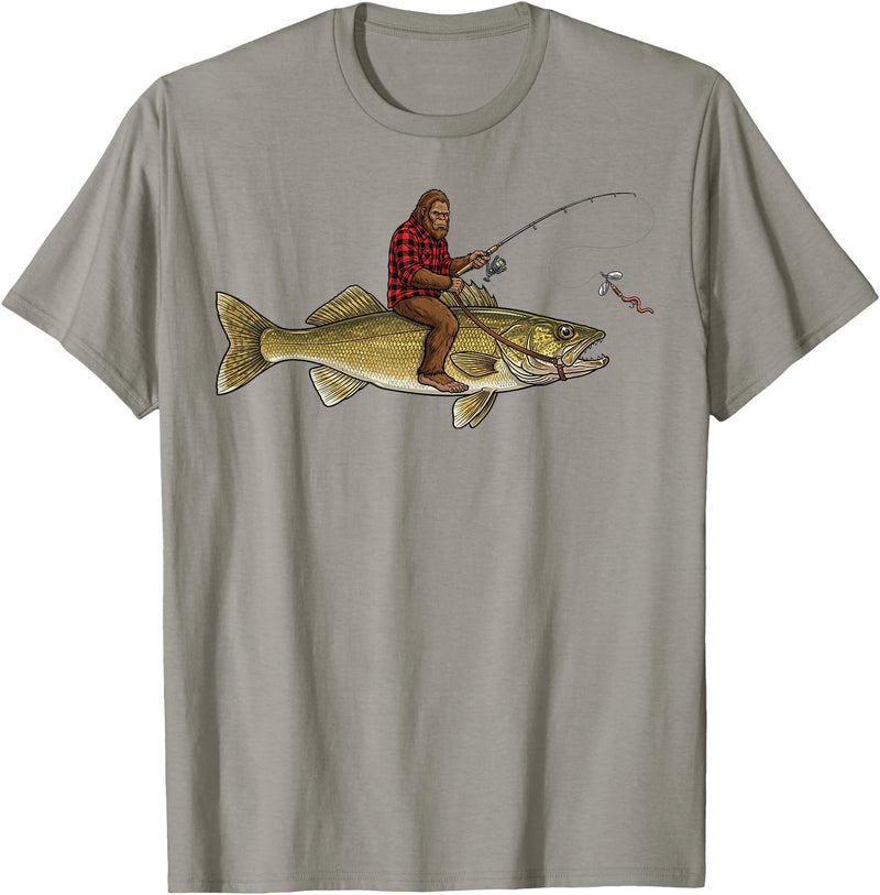 Northern Outdoor Walleye Collection Walleye Fishing Bigfoot Riding Fisherman Funny Angler T-Shirt - Slate Grey