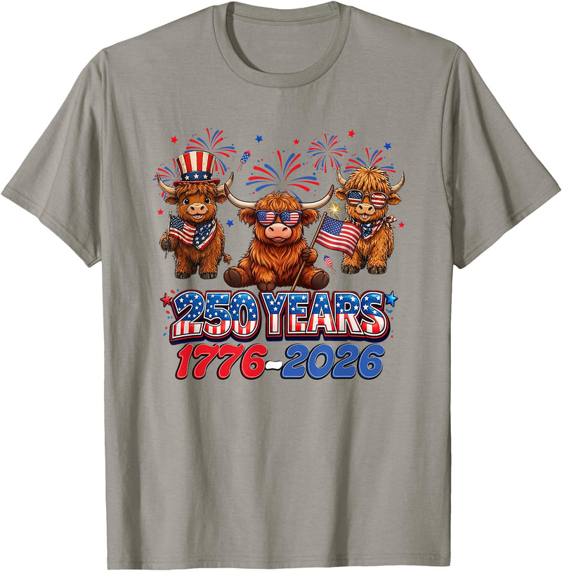 Scottish Highland Cow Print 250th Anniversary Gift 250 Years America Anniversary Cow 4th July America 1776 2026 T-Shirt -