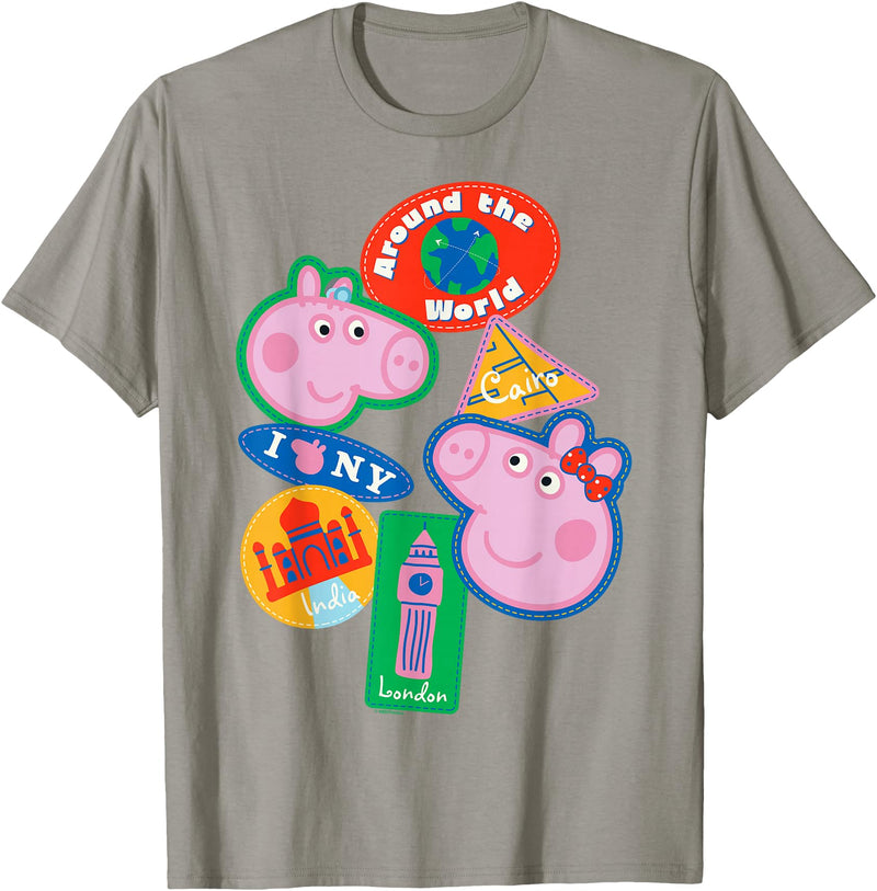 Peppa Pig Travel Patches Around The World Cairo India London T-Shirt - Slate Grey