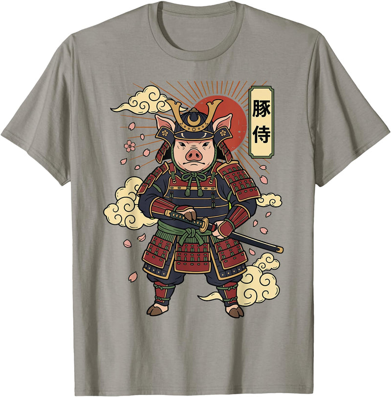 Samurai Pig Anime Japan Pig Samurai Japanese Warrior T-Shirt - Slate Grey