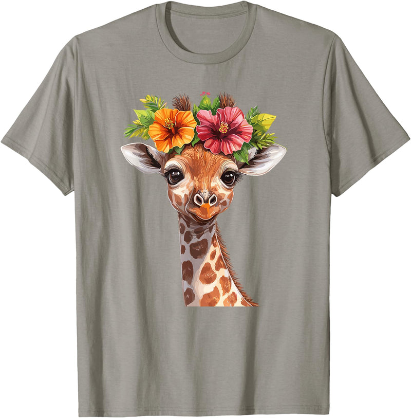 Aesthetic Giraffe Art Cute Floral Giraffe With Flower Crown T-Shirt - Slate Grey