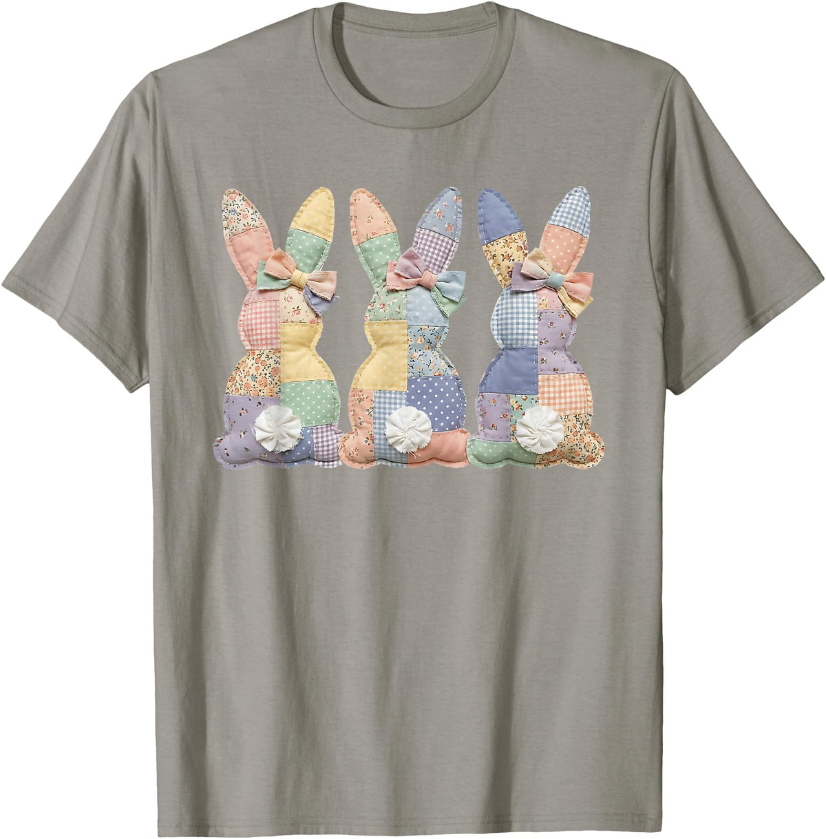 Easter Patchwork Bunny Cute Bunny Rabbit Coquette Lace Bow T-Shirt in Slate Grey
