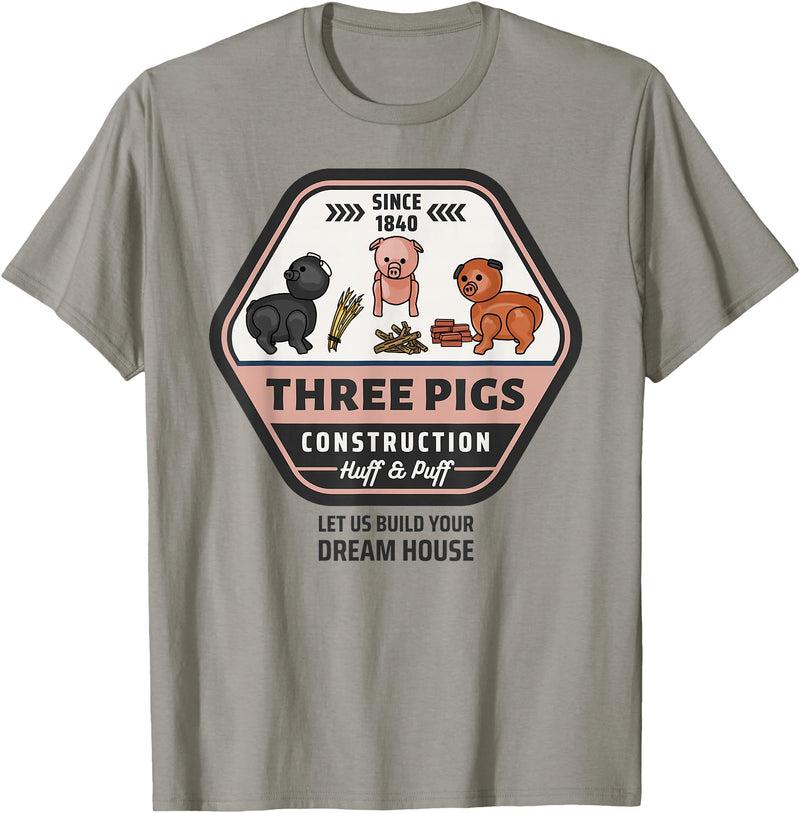 Slightly Unhinged Heather Three Pigs Construction Co. Logo T-Shirt - Slate Grey