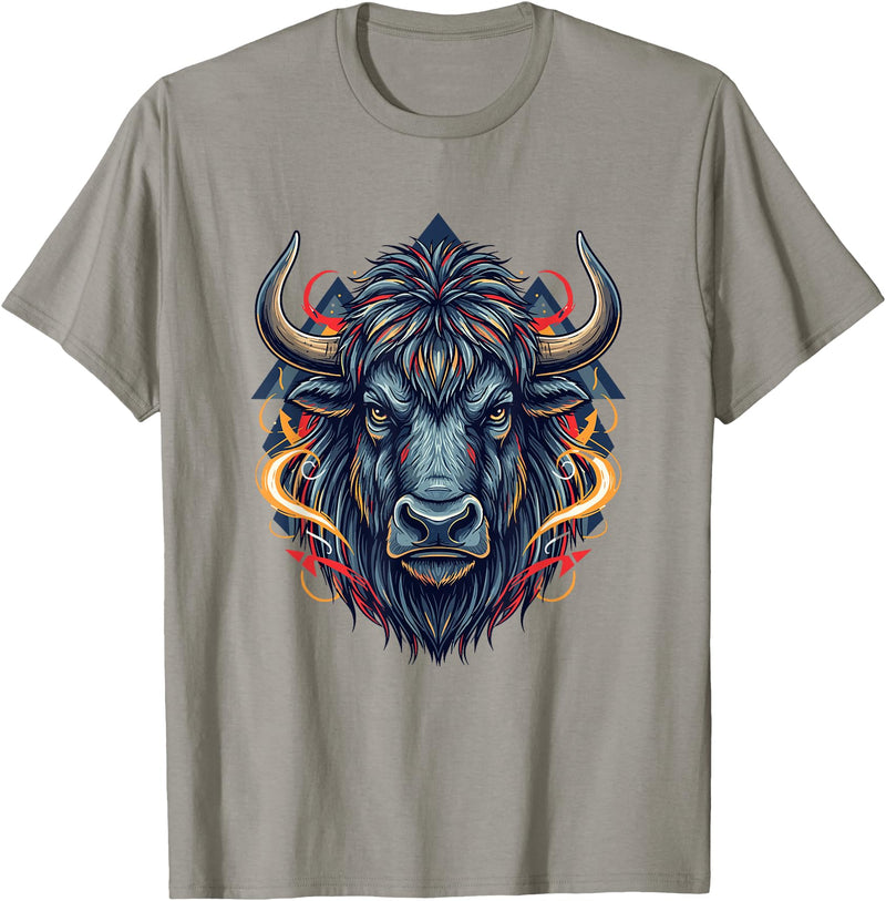 Wild Buffalo Bison Tribal Western Spirit Fierce Wild Bison Head Tribal Geometric Buffalo T-Shirt - Slate Grey