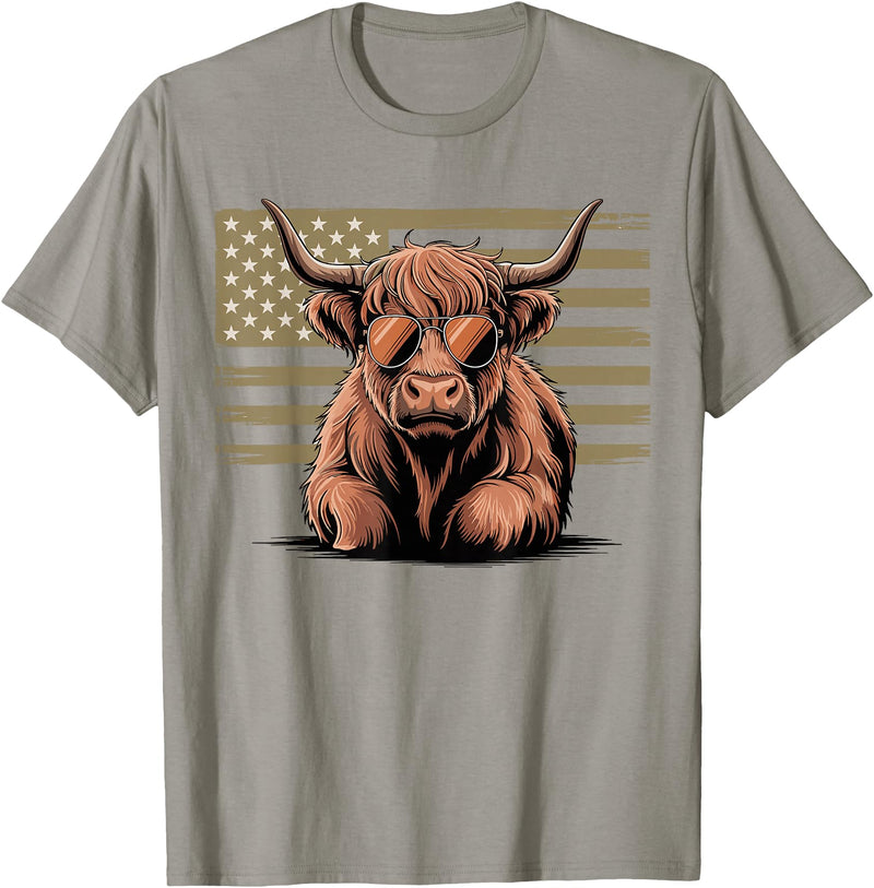 Funny Cow Farmer Gifts Highland Cow with Sunglasses and American Flag T-Shirt - Slate Grey