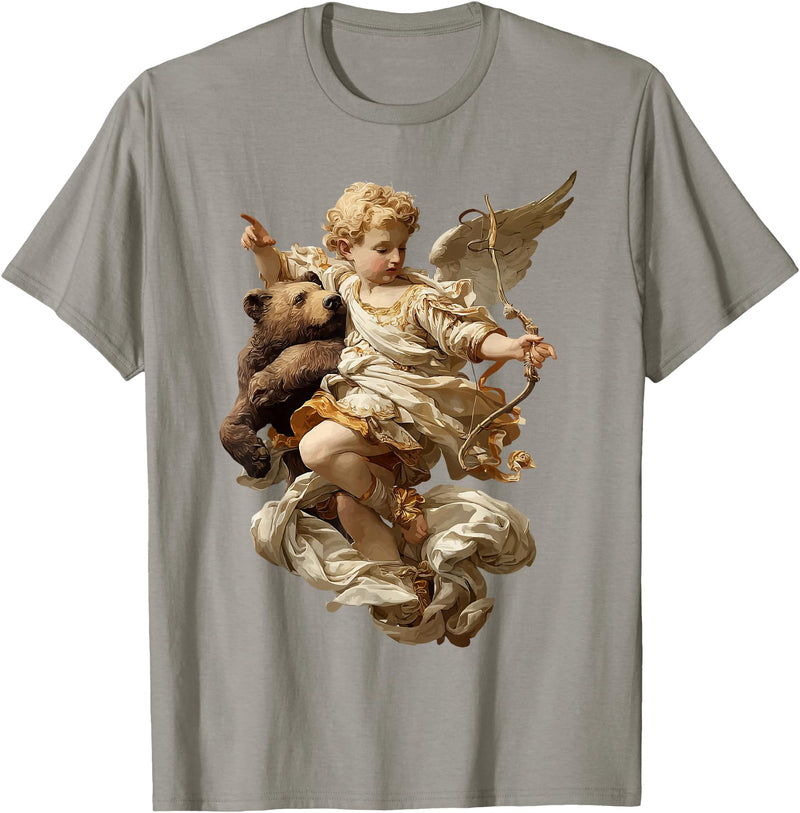 Vintage Angel Aesthetic Classical Art Cute Cherub Angel with Bear Baroque Renaissance Aesthetic T-Shirt - Slate Grey