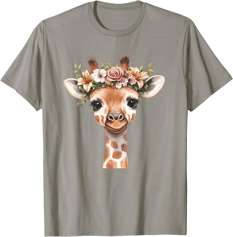 Floral Giraffe Animal Lovers Wild Nature Cute Animal Flower Crown Giraffe T-Shirt - Slate Grey