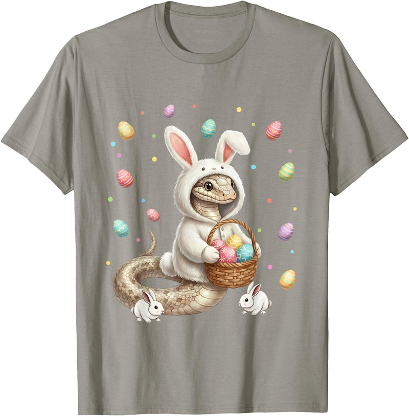 Cute Easter Bunny Rabbit with Eggs Whimsical Snake Design T-Shirt in Slate Grey