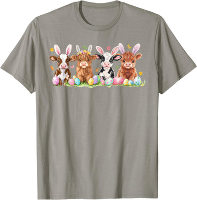 Cute Bunny Highland Cow Retro Farmer Western Easter Day T-Shirt