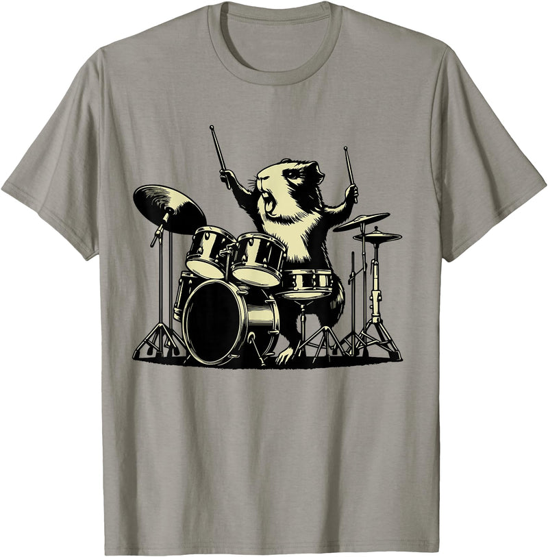 Retro Drummer Guinea Pig Lover Rock Design Guinea Pig Drummer Rock Drummer Guinea Pig Playing Drums T-Shirt - Slate Grey