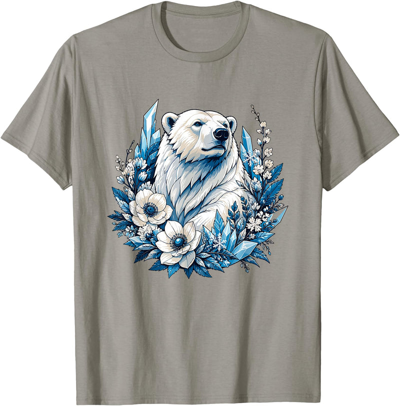 Arctic Polar Bear Floral Crystal Nature Winter Wildlife Polar Bear with Ice Flowers T-Shirt - Slate Grey