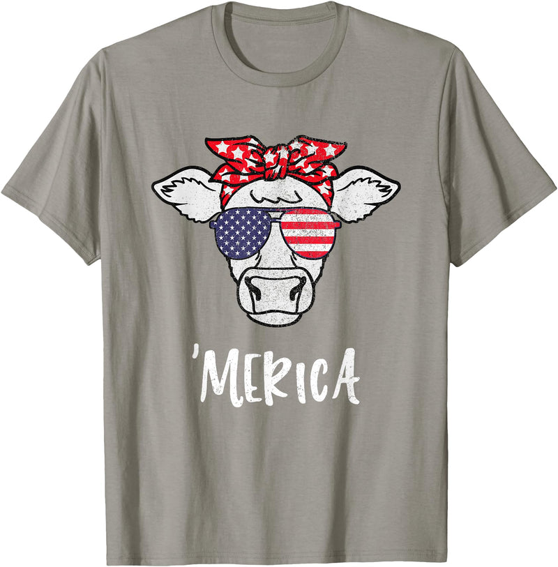 Funny Merica Cow America 4th Of July Retro Vintage Merica American Cow American Flag Retro Vintage Patriotic T-Shirt - Slate