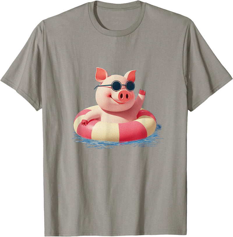 Vacation Pig Outfit Pig Sunglasses Graphic with Beach Ring T-Shirt - Slate Grey