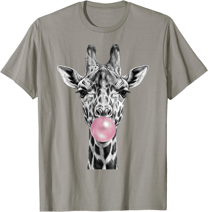Wild Bubble Art Cool Giraffe Blowing Pink Bubblegum Sketch Art T-Shirt - Slate Grey