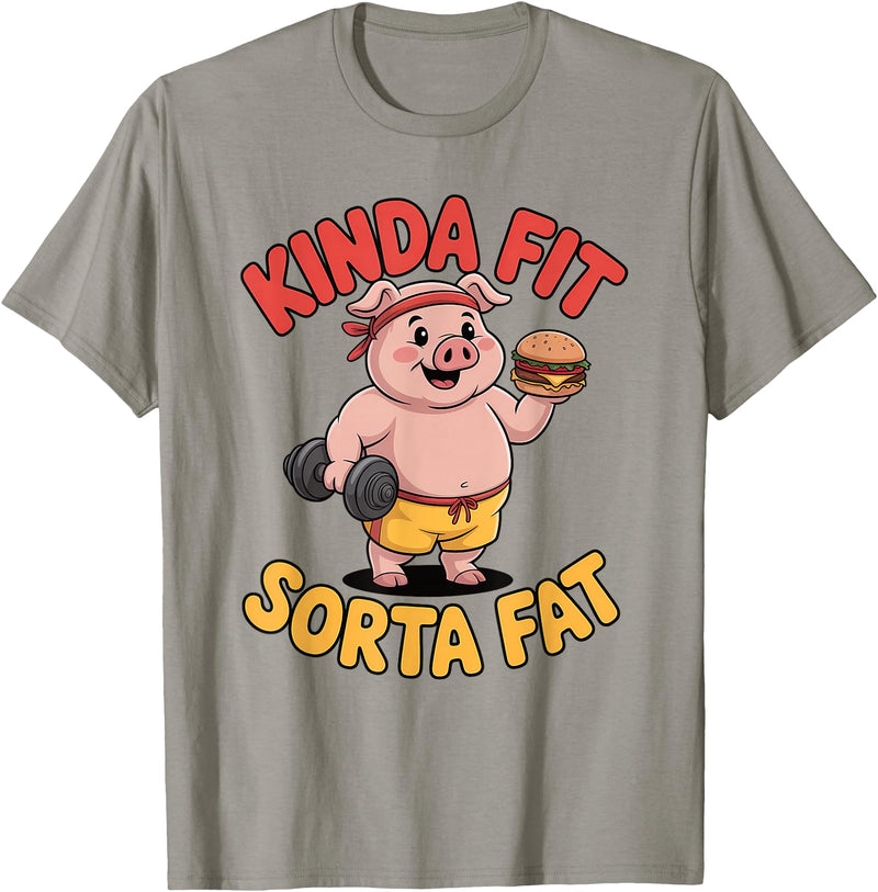 Funny Fitness Humor Food Lifestyle Merch. Kinda Fit Sorta Fat Funny Workout Burger Pig Gym T-Shirt - Slate Grey