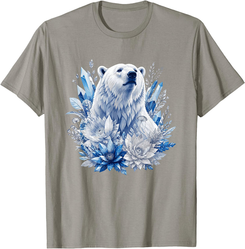 Arctic Polar Bear Crystal Flowers Nature Majestic Arctic Polar Bear with Ice Flowers Fantasy T-Shirt - Slate Grey