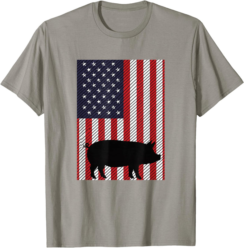 Farm Pig Patriotic United States Flag Kids Animal Patriotic Pig Silhouette American Flag Farm Kids Fourth T-Shirt - Slate Grey