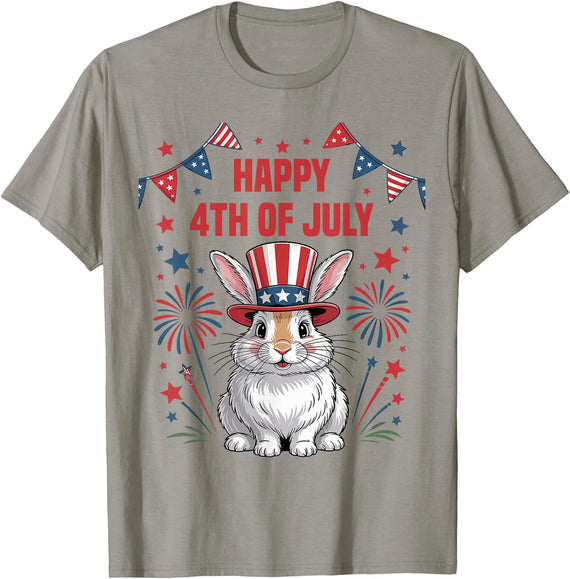 Happy 4th of July Patriotic Rabbit Animals Lovers Fireworks T-Shirt in Slate Grey