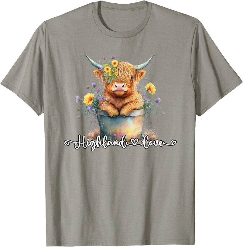 KAEDAM Gifts: Highland Cows Cute Baby Highland Cow Calf Love Spring Pastel Novelty T-Shirt - Slate Grey