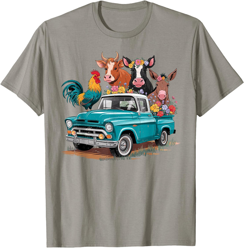 Farm Pickup Truck Farm animals Cow Girl Wife Tee Vintage Pickup Truck Farm Animals Rooster, Cow, Pig, Donkey T-Shirt - Slate