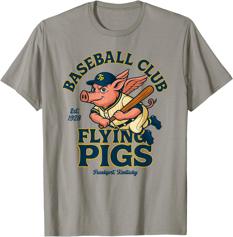 Outfield Outlaws Flying Pigs Retro Minor League Baseball Mascot T-Shirt - Slate Grey