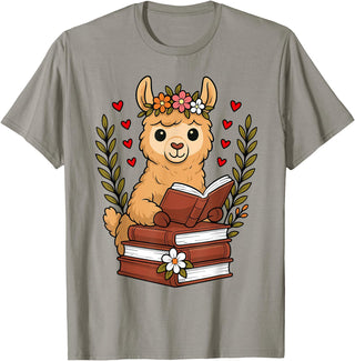 Bookworm Cute Llama Reading Book Llama Reading Book Graphic Llama with Book Floral T-Shirt - Slate Grey