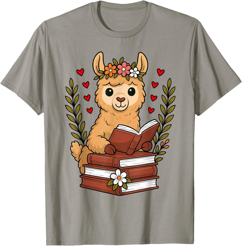 Bookworm Cute Llama Reading Book Llama Reading Book Graphic Llama with Book Floral T-Shirt - Slate Grey