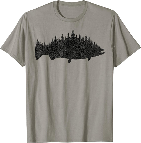Salmon Fishing Apparel Co. King Salmon Forest Silhouette Pacific Northwest Chinook T-Shirt - Slate Grey