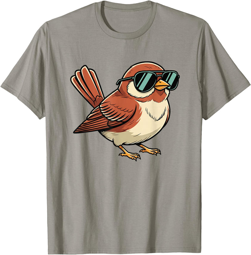 Chipper Feather Co Bird: Sparrow in Sunglasses, Cool Cartoon Avian Attitude T-Shirt - Slate Grey