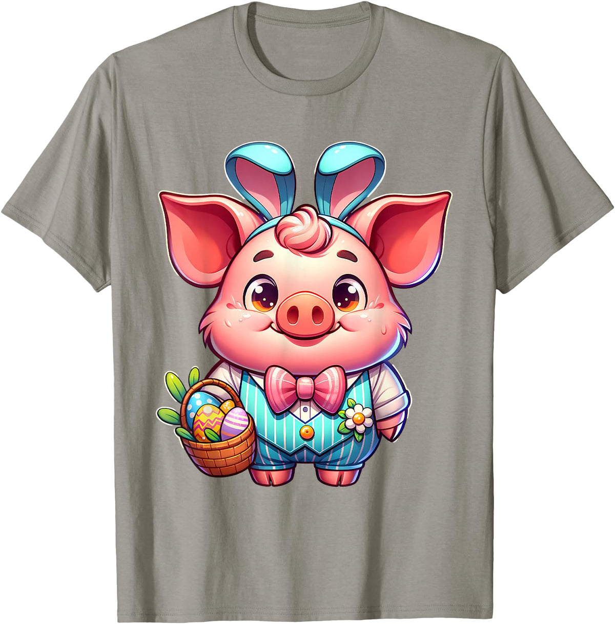 Pig Easter Designs. Easter Pig Bunny Ears Eggs Cute Farm Animal T-Shirt - Slate Grey