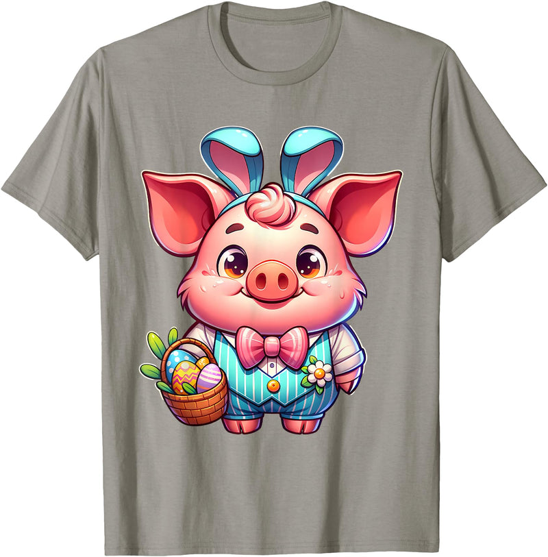 Pig Easter Designs. Easter Pig Bunny Ears Eggs Cute Farm Animal T-Shirt - Slate Grey