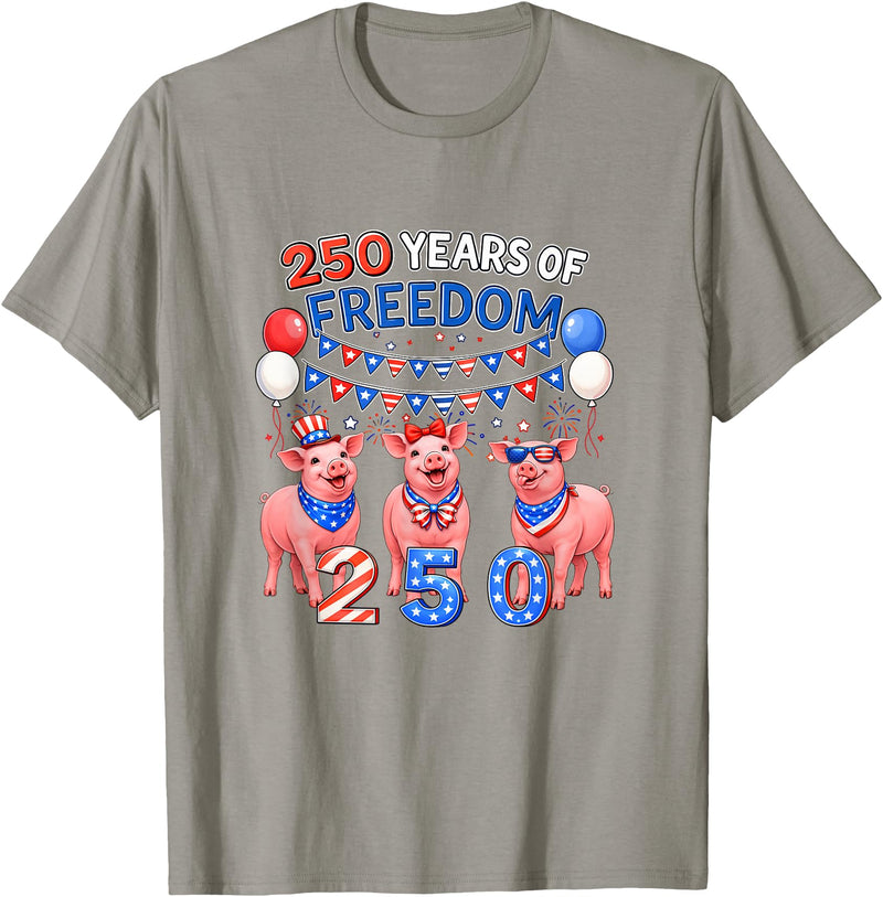 Farmer 4th Of July Costume 250th Freedom 4th of July US Flag Fireworks Three Cute Pigs T-Shirt - Slate Grey