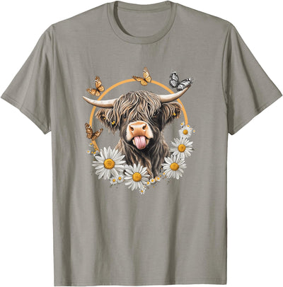 Cute Scottish Highland Cow with Sunflower Daisies T-Shirt