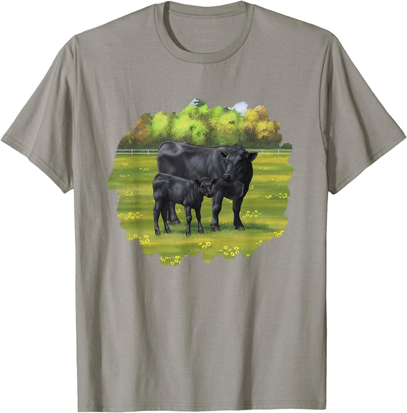 Farm Animal Art by CSForest Black Angus Cow & Cute Calf Farm Animals T-Shirt - Slate Grey