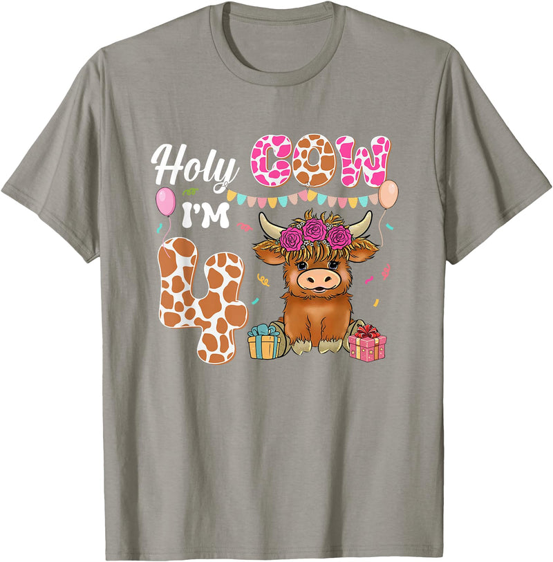 Holy Cow I'm 4 Highland Cow 4th Birthday Holy Cow I'm 4 Highland Cow Farming 4th Birthday 4 Years Old T-Shirt - Slate Grey