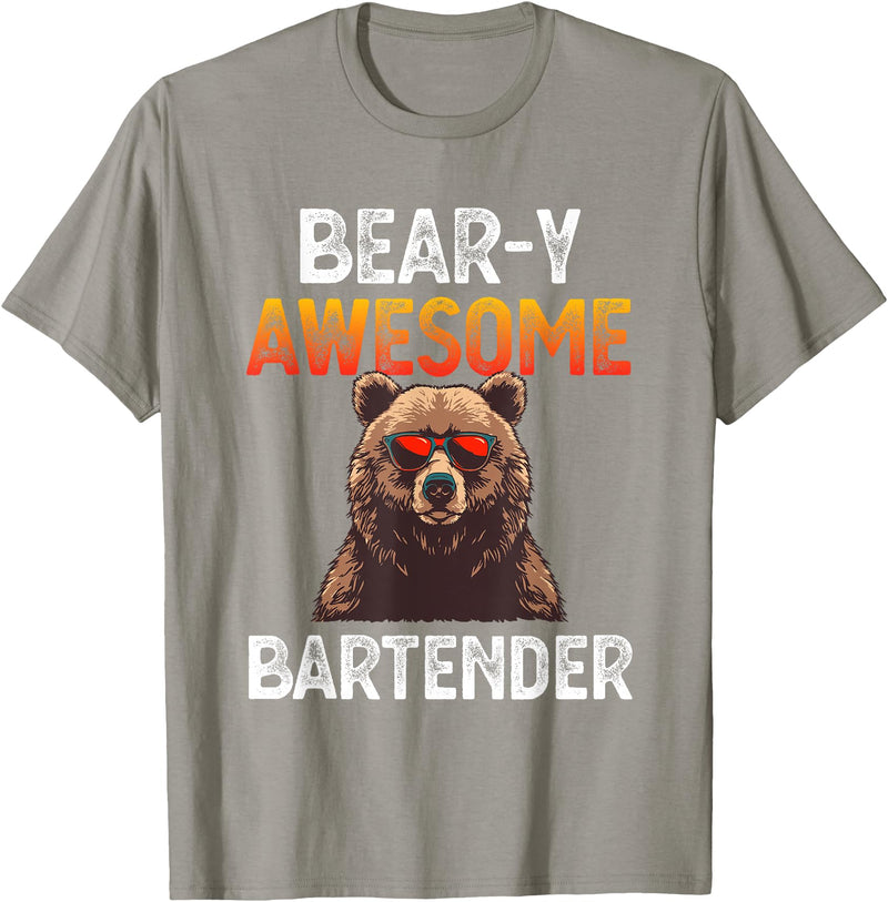 Beary Awesome Bartender Funny Mixologist Vintage Bear-y Awesome Bartender Pun Joke Barman Funny Barkeeper Men T-Shirt - Slate Grey