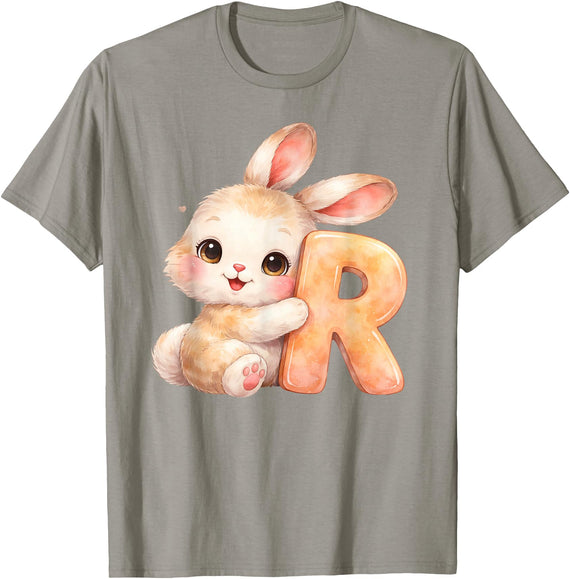 Letter R Rabbit Watercolor Cute Baby Animal Alphabet Initial T-Shirt in Slate Grey