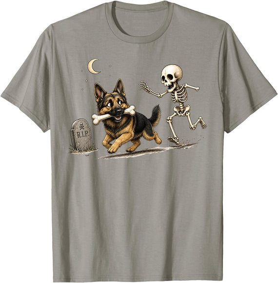 Funny Halloween Humor Dog Lover Men Women Tee Funny Skeleton Chasing German Shepherd Halloween Dog Mom Dad T-Shirt - Slate
