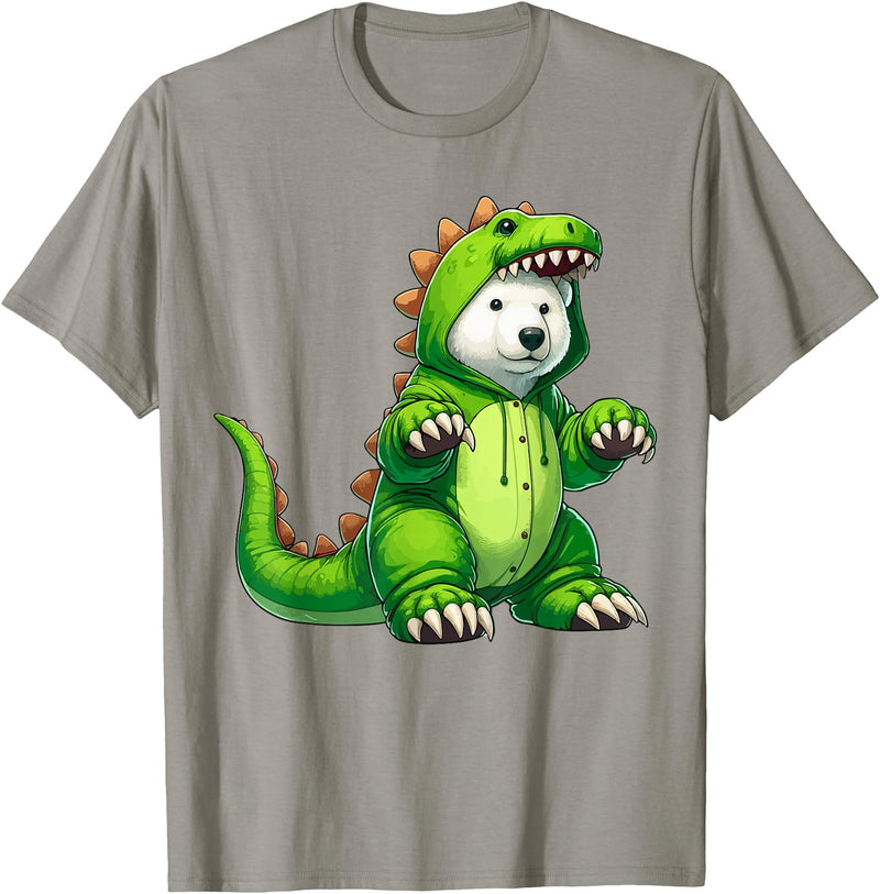 Scary Polar Bear Dinosaur Halloween Lazy Costume Polar Bear Wearing Dinosaur Costume Halloween Cosplay T-Rex T-Shirt - Slate Grey