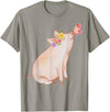Watercolor Pink Pig With Floral And Butterfly Farm Design T-Shirt - Slate Grey