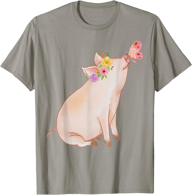 Watercolor Pink Pig With Floral And Butterfly Farm Design T-Shirt - Slate Grey